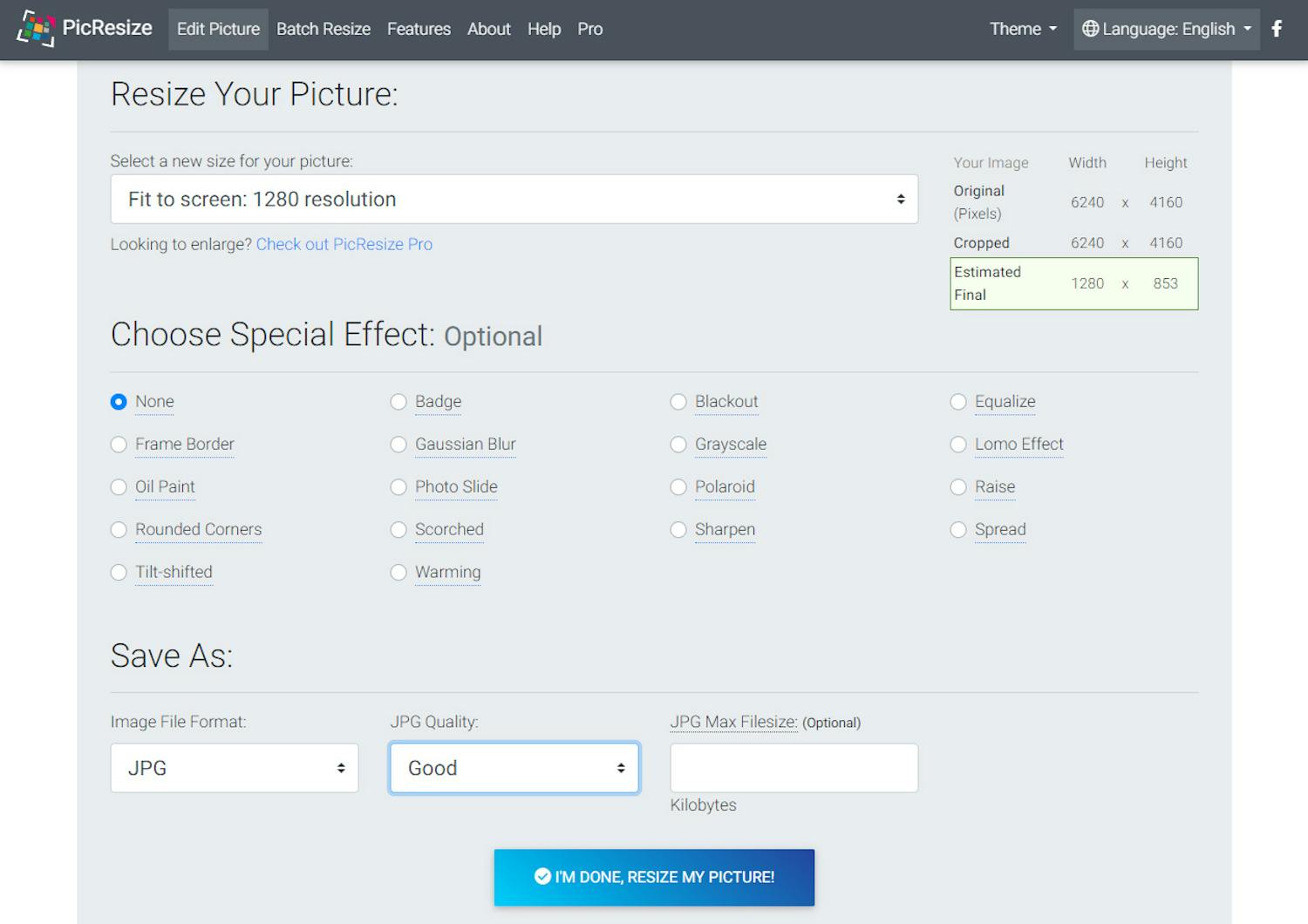 Endring av størrelse i PicResize Endring av størrelse i PicResize